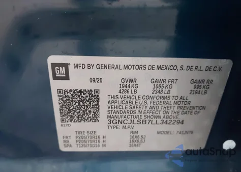 2020 Chevrolet Trax Fwd Lt from USA, damaged, VIN 3GNCJLSB7LL342294